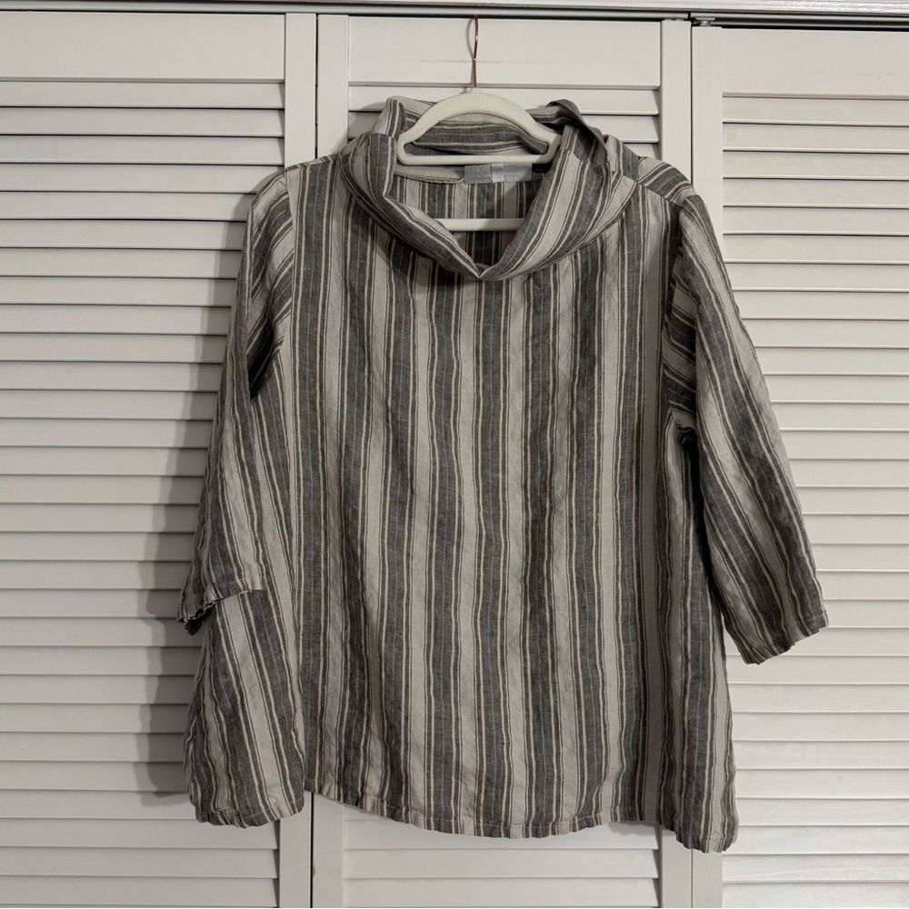 bryn Walker Striped Tunic Top 100% Linen Cowl Neck Costal Grandma Sz M